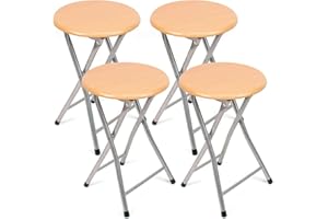 THE SECRET HOME - Pack de 4 Taburetes Plegables de Madera y Metal - Alto. 45 x Ø30 cm - Banqueta sin Respaldo - Ideal para Cocina, Terraza o Jardín - Color Madera Natural