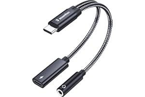 SOOMFON Adapter USB C na jack 2 w 1, adapter i ładowanie, adapter do słuchawek typu C 3,5 mm z chipem DAC, PD 60 W szybkie ładowanie, do iPhone 15/15 Pro Max, Samsung S24/S23/S22, Huawei, Pixel itd.
