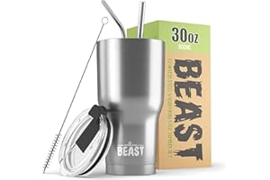 GREENS STEEL BEAST Termo Café para Llevar - 900ml I Plateada I Taza Térmica de Acero Inoxidable Reusable I Taza Viajera de Doble Pared al Vacío I 2 Pajitas y Cepillo de Limpieza I para Café Frío o Caliente