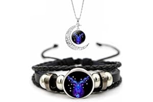 OVERHIL1S Spirilet Bracelet Zodiac Manifestation, Zodiac Signs Spirit Bracelet, Multilayer Adjustable 12 Constellation Weave Leather Bracelet and Moon Pendant Necklace for Men Women Girls Jewelry Gifts Set