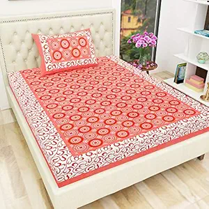 UNIBLISS Cotton 144 TC Rajasthani Jaipuri Traditional Single Size BedSheet with One Pillow Cover (Single, Orange)