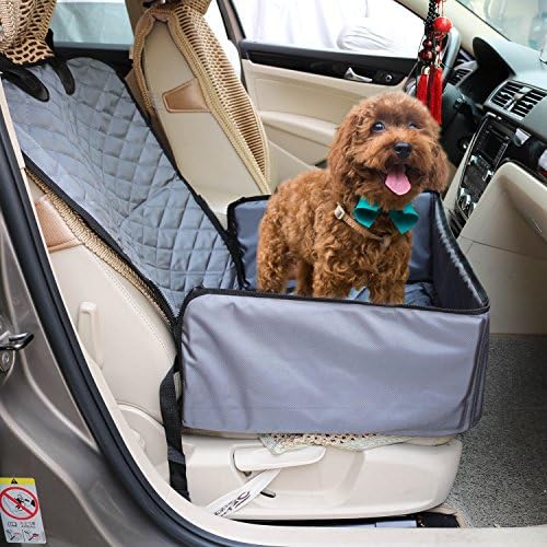 Kimfoxes Pet Waterproof Bucket Seat Cover Nonslip Dog Cat Safety Front Seat Cover Puppy Car Booster Seat Mat Travel Hammock Collapsible Seat Cover 2 in 1 Function Deluxe Blanket Protector(Grey)