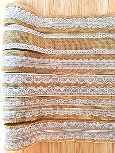 Schönes Leben* 6 Stück Natürliche Leinwand mit Weiß Spitze Juteband Lace Sackleinen Band Rolle für DIY Herstellung Hochzeit Handwerk Spitze Leinen, 78,7 Zoll pro Stück - 4