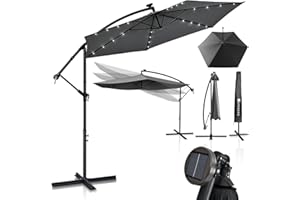 Juskys Ampelschirm Brazil 350 cm LED Beleuchtung Solar & Kurbel - UV-Schutz wasserabweisend knickbar - Hülle - Sonnenschirm Marktschirm grau