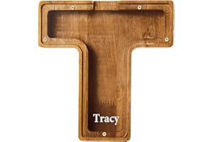 JOULLI Personalized Wooden Money Box, A-Z Letters Wooden Piggy Bank, Coin Bank with DIY Alphabet Stickers, Money Saving Bank Coin Storage Box Birthday Xmas Back to School Gifts (T)