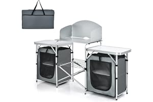 TANGZON Folding Camping Kitchen Table, Outdoor Portable Kitchen Storage Table with Windshield & Carry Bag, Mesh-Door Storage Cupboard for Picnic BBQ Party, 172 x 48 x 110cm (Grey + Silver)