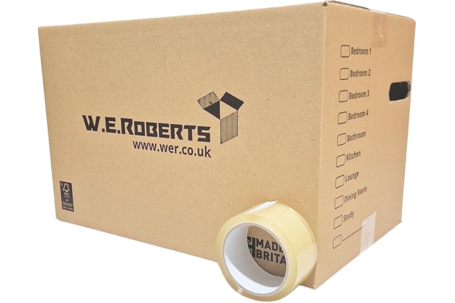 W.E. Roberts 20 Strong Large Cardboard Storage Packing Moving House Boxes with Tape, carry Handles and Room List