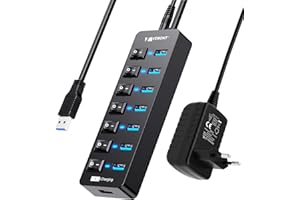 VEMONT - Hub USB Activo 3.0 con Fuente de alimentación, Distribuidor USB de 7 Puertos y 1 Carga Inteligente con 5 V/3 A, Divisor con Interruptor Individual y Cable de 1,2 m de Largo para PC/Ordenador