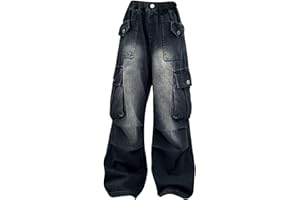 GENERIC Pantalon Cargo Baggy pour Filles Jeans Streetwear Élastique à Taille Haute et à Jambes Larges Denim Pantalon Large Design avec Poches