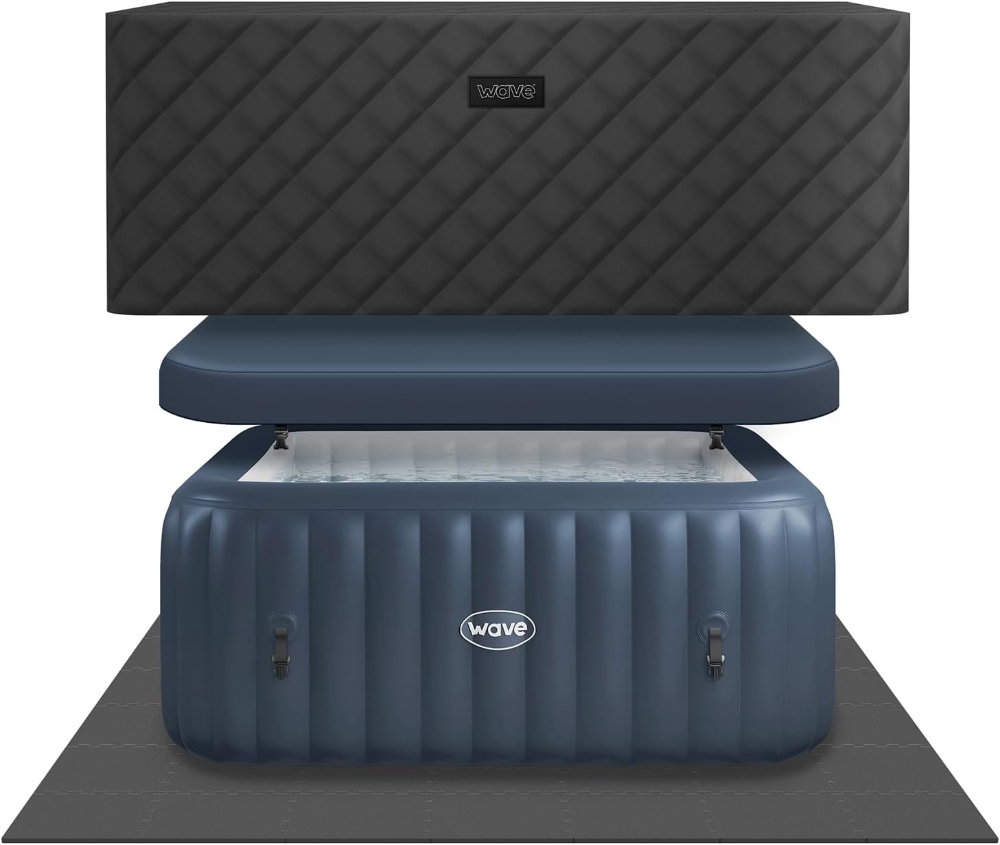 Wave Pacific 4-6 Person Inflatable Hot Tub | Integrated Eco Heater | 110/130 Aquajet Massage System | Anti-Freeze Protection | Quick 15-Minute Setup (Navy, 6 Person | EnergySave Bundle)