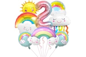 AURASKY Decorazioni Palloncini Arcobaleno 2 Anni, Palloncini Sole e Nuvole, Palloncino Numero 2 Grande, Palloncini Nappa Arcobaleno, Addobbi per Tema Colorato Compleanno Bambini Festa