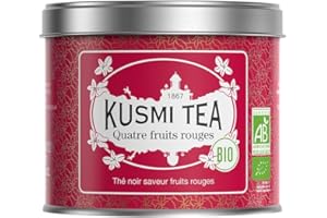 Kusmi Tea - Quatre Fruits Rouge Bio - Thé Noir Biologique, Aromatisé aux Fraises, Framboises, Groseilles et Cerises - Boîte Thé Métal 100g - Quantité pour environ 50 Tasses