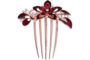 Lurrose Rhinestone Flower Hair Side Comb Bride Wedding Hairpin Red Barrette Fashion Alloy Hair Accessory for Women and Girls