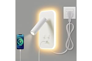 AWEKLIY Applique murale LED,liseuse de chevet avec interrupteur,port de charge USB,éclairage d'ambiance réglable pour chambre à coucher (lumière naturelle 3W+lumière chaude 9W) Avec fiche câble,Blanc