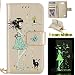 Produktbild LG K3 Luminous Leder Wallet Tasche Brieftasche Schutzhülle,Fanryn Schönes Mädchen und Katzen Muster Nacht Leuchtende Design Hochwertige PU Leder Flip Tasche Case Hülle im Bookstyle mit Standfunktion Kredit Kartenfächer für LG K3 (Gold)
