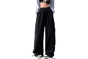 Linsennia Y2k spodnie spadochronowe z szerokimi nogawkami, bojówki damskie, workowate dziewczęce spodnie cargo luźny krój, elastyczna talia, streetwear, Czarny, L