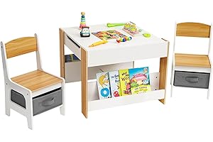 ‎YORBAY Yorbay Kindertisch mit 2 Stühle, Kindermöbel Set aus Holz mit Stauraum und Bücherregalen, 3 in 1 Maltisch & Aktivitätstisch & Tafeltisch, Kinderzimmer, Spielzimmer, Vorschüler (Natur)