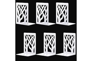 3 Pairs Bookends, SAMSYOKI Metal Bookend, Decorative Book Holder Shelf, Non-Slip Book Stand, Tree Design Book Stopper, Bookshelf for Kitchen, Office, School, Library, White