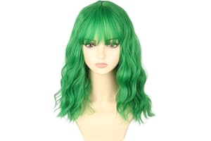 LeMarnia Damen Kurze Wellige Grüne Perücke Hitzebeständige Schulterlänge Perücke Themenparty Kostüm Perücken