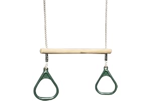 Rebo® Children’s Wooden and Plastic Gymnastic Trapeze Bar Replacement Swing with Kids Gym Rings - Green | Wooden Trapeze Bar | OutdoorToys | 2 Plastic Gym Rings (Width 165mm)