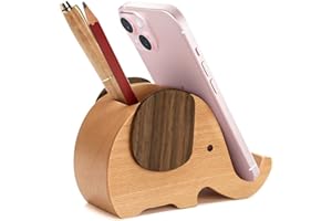 HyFanStr Birthday Gifts for Women and Men, Wooden Phone Stand Cute Elephant Gifts for Women Men, Desk Decoration Pencil Holders, Unique Pen Pot Stationary Pen Holder Presents for Birthday