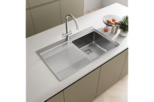 SÄUBER® 860 x 520mm Stainless Steel Kitchen Sink Single One 1.0 Bowl Inset Drop in Installation, Left Hand Drainer, 18/8 Grade Steel Sinks, Free Basket Strainer Waste