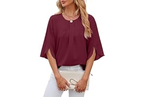 Atxnn Camicia Donna a Manica a 3/4 Blusa Maniche Camicetta con Scollo Rotondo Elegante Tops Colore Puro Casual Chiffon Shirt