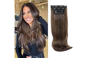 MS TAJ Hair Extensions Clip in 4pcs Light Chocolate with Highlights Hair Extension Synthetic Long Straight Thick Full Head Wavy Hair Pieces for Women…