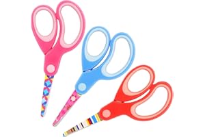 Vutyvve Lot de 3 paires de ciseaux de sécurité pour gaucher - Lames en acier inoxydable - Poignées souples - Pour enfants de 3 ans et plus - Rose, bleu, rouge