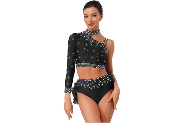 JEATHA Damer glitter danskostym långärmad strass crop top och fjäder trosor tvådelad danskläder salsa tango latin danskläder