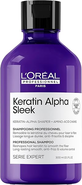 L'Oréal Professionnel Keratin Alpha Sleek Sulphate-Free Shampoo for Smoothing & Frizz Control, Hydration, Softness & Shine, Suitable for Coloured, Frizzy Hair, 300ml - 1