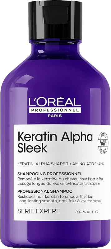 L'Oréal Professionnel Keratin Alpha Sleek Sulphate-Free Shampoo for Smoothing & Frizz Control, Hydration, Softness & Shine, Suitable for Coloured, Frizzy Hair, 300ml