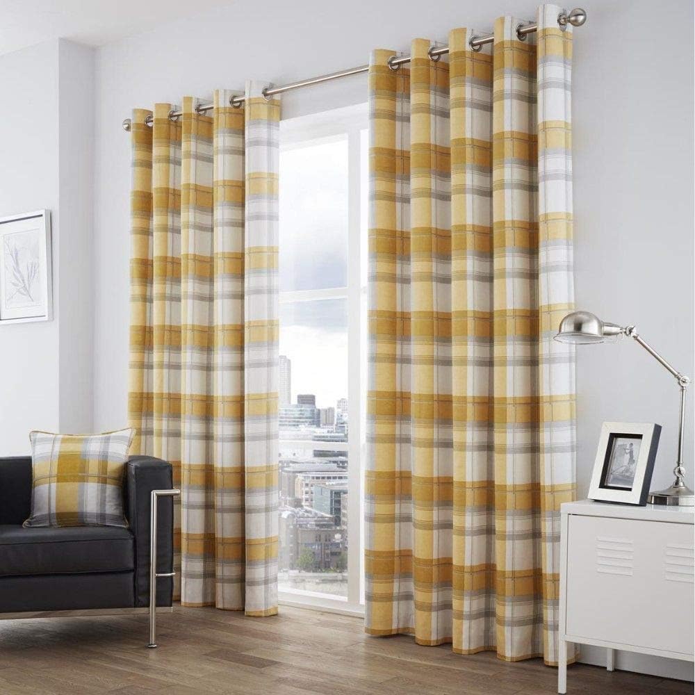 Birkdale Check Fully Lined Ring Top Eyelet Curtains - Ochre Yellow (46" Wide x 90" Drop)