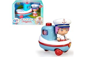 MY FIRST PINYPON Pinypon - My First, Happy Vehículos Barco, Mis primeros transportes, barco de juguete con ruedas, flota en la bañera, y una minifigura de capitán con caras de distintas emociones, FAMOSA (700016384)