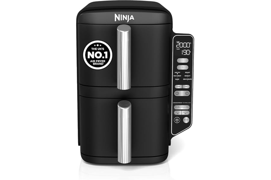 Ninja Double Stack Air Fryer, Vertical Dual Drawer Air Fryer with 4 cooking levels, 2 Drawers and 2 Racks, Space Saving Design, 7.6L Capacity, 6 Cooking Functions, 6 Portions, Black SL300UK