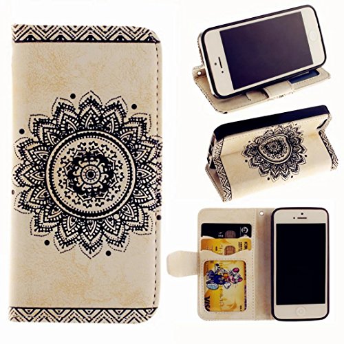 MUTOUREN Schutzhülle Case für iPhone SE 5 5S Prägung Blumen Geprägte indische Mandala Muster Buch-Stil Bookstyle Handyhülle Schutzhülle Taschen Anti-scratch Bumper et Shock Absorption Magnetverschluss Magnet Etui + Metall Touch-Pen, Retro Weiß - 2