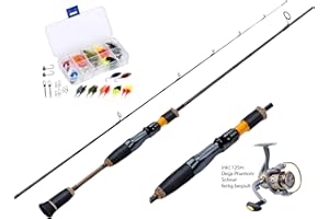 MIROEFISHING Ultralight Angelset komplett Ready for Fishing ! Alpha 180cm UL-Carbonrute + Angelrolle Exp500 mit Schnur + Köderset. Spinnrute - Steckrute - extrem biegsam