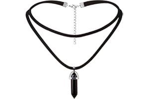 Tpocean Women's Double Layer Leather Black Choker Crystal Quartz Point Choker Necklace Gem Pendant Charm Jewelry