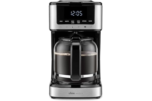 Ufesa Cafetière à Filtre Ariccia Programmable 900W, 14 Tasses, 1,8L, Écran Tactile, Acier Inoxydable, Filtre en Nylon Amovible, Carafe en Verre Haute Température, Compatible Lave-vaisselle, Antigoutte