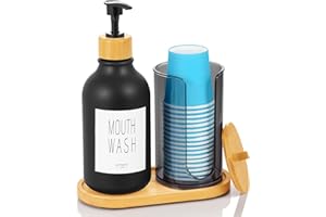 VITVITI Dispenser Sapone Bagno, Dispenser a pompa da 500 ml, Flacone a pompa per collutorio con portabicchieri in carta, dispenser di shampoo ricaricabile con vassoio in bambù (Nero)