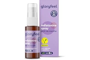 GLORYFEEL Spray Mélatonine Effet Immédiat, Valériane Lavande Passiflore + Vitamine B6 B1, Goût de Menthe, Flacon 30 ml, Endormissement Rapide & Limite le Jetlag, 100% Végétalien, Sans Additifs