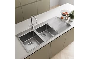 SÄUBER 1160 x 520mm Stainless Steel Kitchen Sink Double Bowl Sinks for Kitchens 2.0 Bowls, Right Hand Drainer, Inset Drop in Installation, Free Strainer Waste