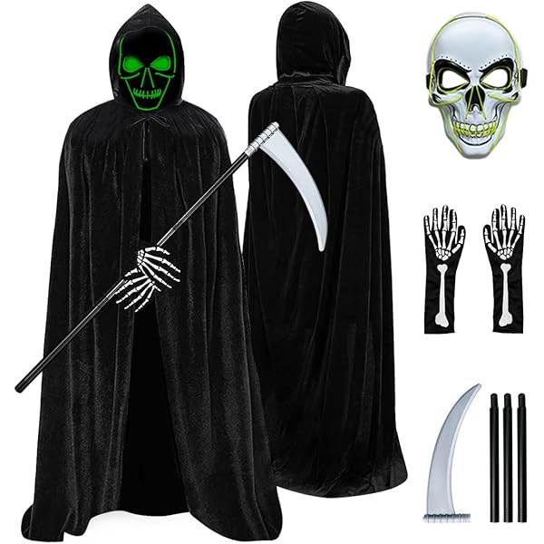 Costume De Faucheuse Adulte Halloween - Cape, Faux, Masque Crâne Et Gants | Déguisement Effrayant Pour Cosplay Et Fêtes