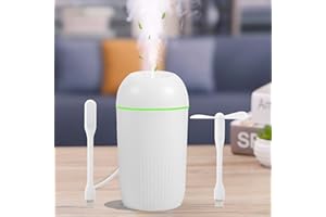 Humidificateur 420ML,Ultrasonic USB Desktop Mini Air Humidifier with USB Interface,Colorful Cooler Night Light Function,Automatic Shut-Off for Car,Bedroom,Office(White+ventilateur+lampe de lecture)