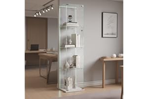 TIMORWTF vitrina de cristal con banda luminosa LED, armadura moderna, 4 estantes y puerta, vitrina para colección, dormitorio, salón y comedor, 163 x 40 x 35 cm, color blanco