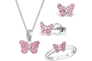 Goldene Hufeisen Mini Rosa Kristall Schmetterling Ring Anhänger Halskette Ohrstecker 925 Echt Silber Mädchen Kinder Set