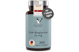 ‎BALANCED VITALITY Zink-Bisglycinat (Zink-Chelat) - 25 mg Zink je Tagesdosis - 365 vegane Tabletten für ein Jahr - im Jahresvorrat - laborgeprüft - Balanced Vitality
