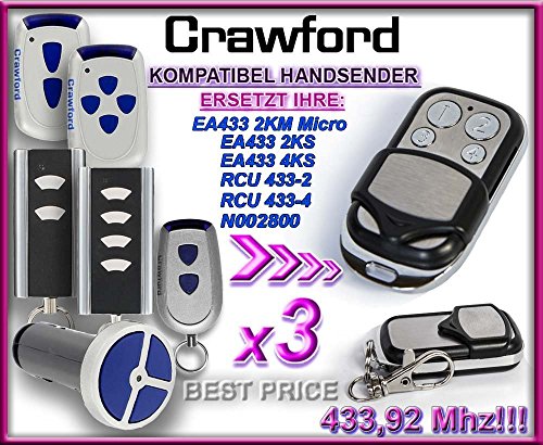 Preisvergleich Produktbild 3 X CRAWFORD T433-4 ,CRAWFORD EA433 2KS , CRAWFORD EA433 4KS , CRAWFORD EA433 2KM(micro) , CRAWFORD RCU433-2 , CRAWFORD RCU433-4 , CRAWFORD N002800 Kompatibel Handsender, 433.92Mhz rolling code keyfob