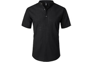 LucMatton Men's Casual Cotton Linen Short Sleeve Henley Shirt Summer Lightweight Banded Collar Beach Tops