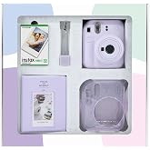 Instax mini 12 Lilac Camera 10-Piece Film Glitter Plexiglass Case PVC Album and Clamp Picture Stand Bundle Box